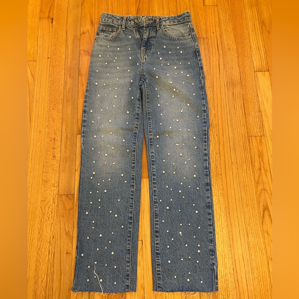 Zara Blue Straight Leg Jeans with Pearl Details